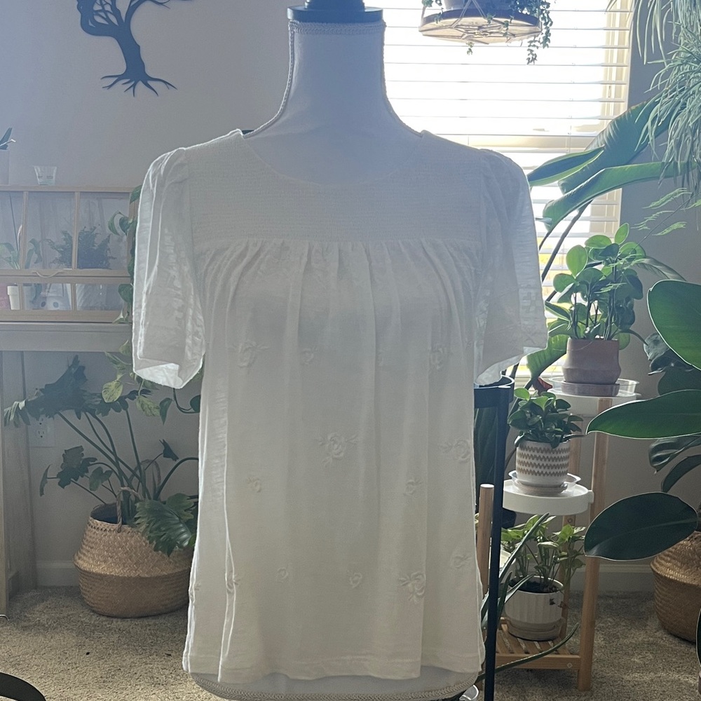 Lucky Brand White Short-Sleeve Embroidered Top